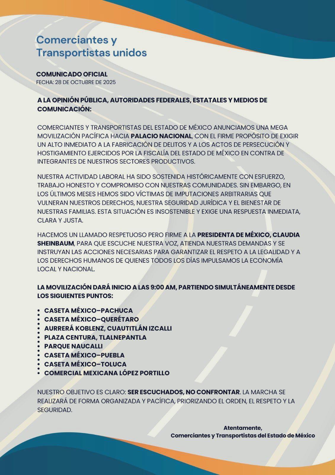 Comerciantes y transportistas del Estado de México anuncian mega movilización hacia Palacio Nacional