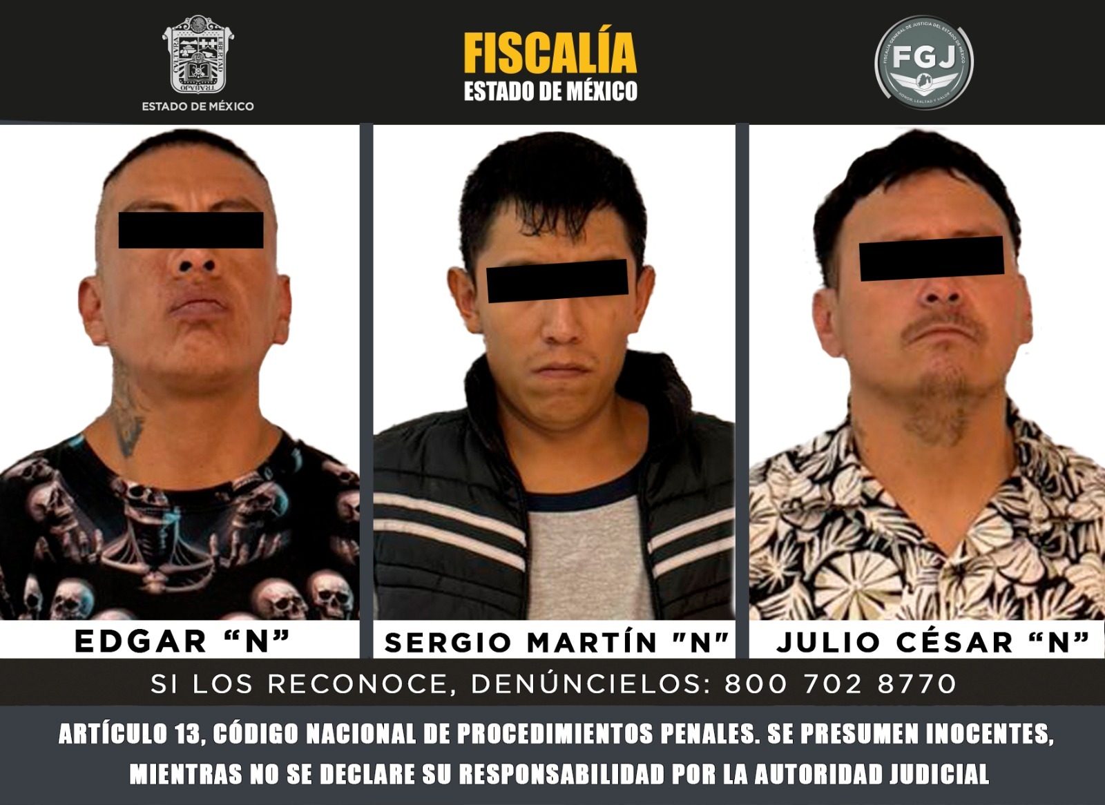 Detiene FGJEM a tres hombres ligados a robos violentos en casas de empeño del Edomex